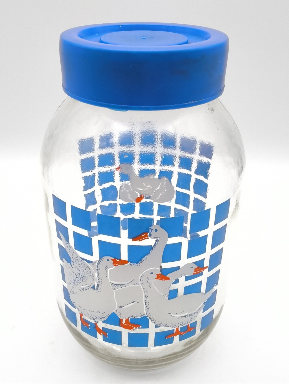 3L - 1982 Carlton Glass Country Geese / Blue Checkered Grid Canister Jar